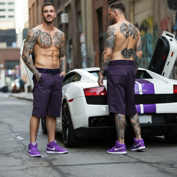 *BROOKLYN XPRESS* (PURPLE) ~BELTED~ •CARGO SHORTS FOR MEN•