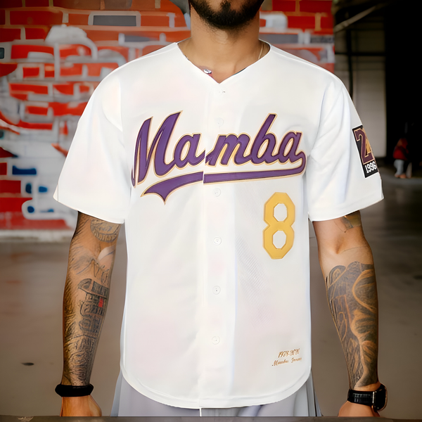 ^MAMBA 8/24 BRYANT* Button Up Baseball Jerseys (Stitched Logos & Numbers)