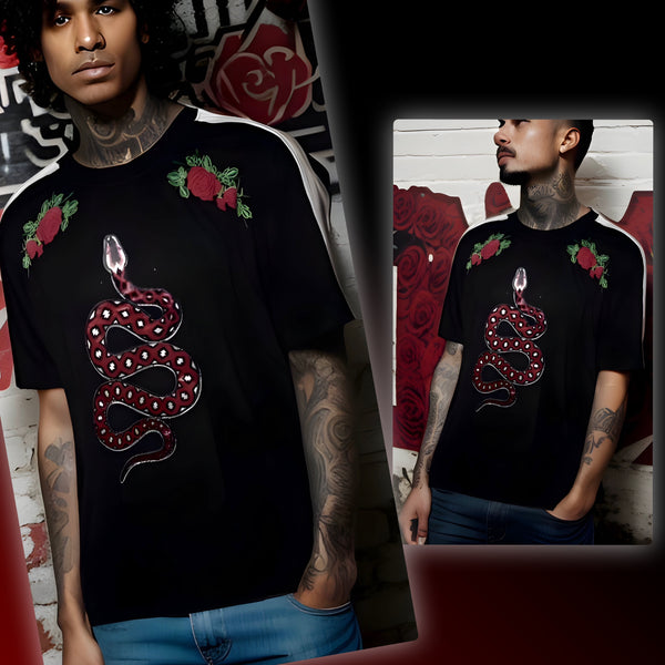 ^IMPERIOUS^ ~SNAKE & ROSES~ (BLACK) PATCH & PRINT SHORT SLEEVE T-SHIRTS