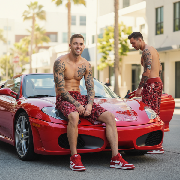 *PRO DAYA* red/black paisley pattern cotton shorts