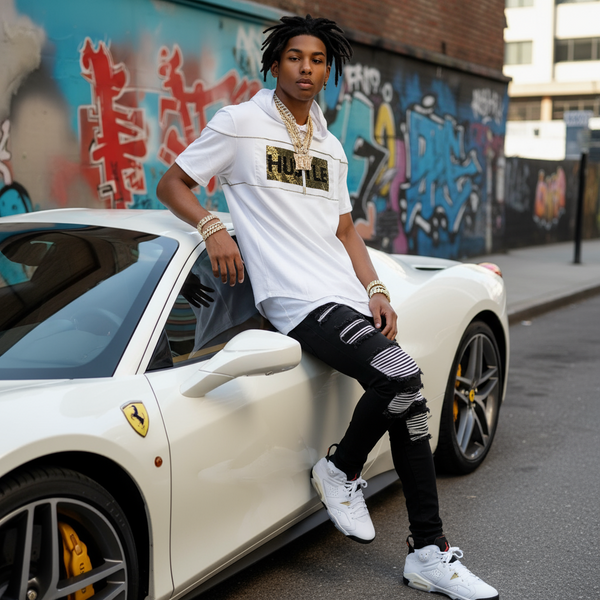 *M-SOCIETY* ~HUSTLE & GRIND~ •REVERSIBLE SHORT SLEEVE HOODED TEES• (SEQUINS)