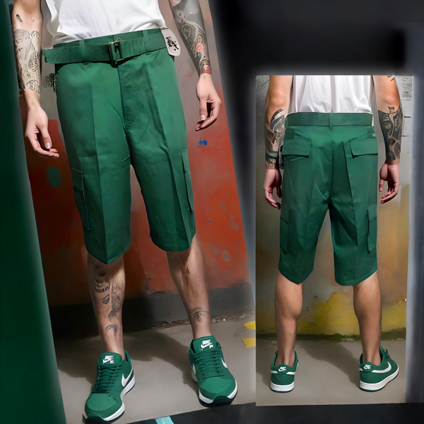 ^BROOKLYN XPRESS^ (GREEN) BELTED CARGO SHORTS FOR MEN