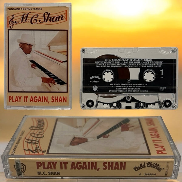 •M.C. SHAN - PLAY IT AGAIN, SHAN• ~1990 OG PRESSING~ (CASSETTE TAPE) (SPINE CUT PROMO)