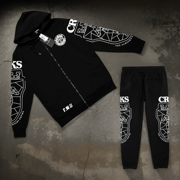 *CROOKS & CASTLES* (BLACK) *SOVEREIGN* HOODED ZIP UP SWEATSUITS FOR MEN (CHENILLE EMBROIDERED)