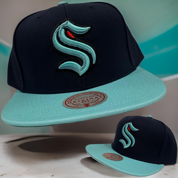 *Seattle Kraken* (Black-Aqua) snapback hats by Mitchell & Ness