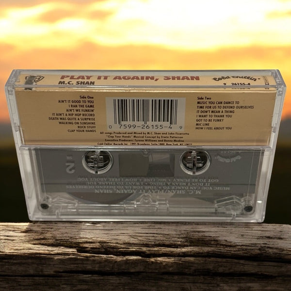 •M.C. SHAN - PLAY IT AGAIN, SHAN• ~1990 OG PRESSING~ (CASSETTE TAPE) (SPINE CUT PROMO)