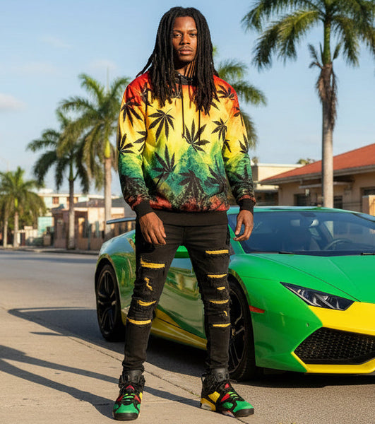 *RAINBOW- BLACK POT LEAF* CUSTOM ALL-OVER PRINT PULLOVER HOODIES