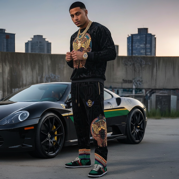 *CROOKS & CASTLES* (BLACK-MULTI) *KING TUT* VELOUR JOGGER SWEATPANTS