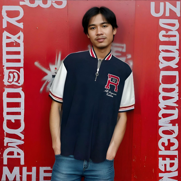 ^ROCAWEAR^ (NAVY-MULTI) GOLF SHIRT FOR MEN (FRONT 1/4 ZIP) (VINTAGE DEAD-STOCK)