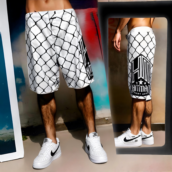 ^HITMAN FIGHT SHORTS^ (WHITE-BLACK) (WAIST 34")