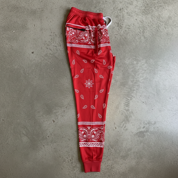 *FLIGHT 23* RED BANDANA / PAISLEY JOGGER SWEATPANTS (FLEECE LINED & BACK ZIP POCKET)