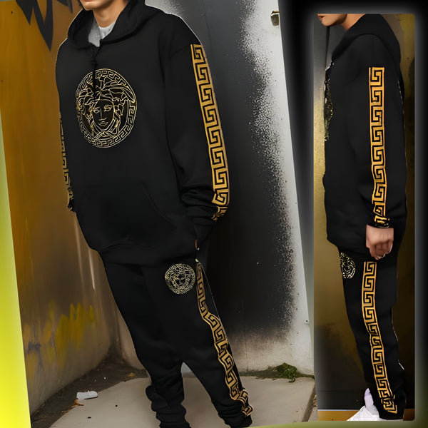 ^V3R$@C3^ (STYLE) (BLACK-GOLD) HOODED SWEATSUITS (UNISEX) (EMBROIDERED LOGOS)