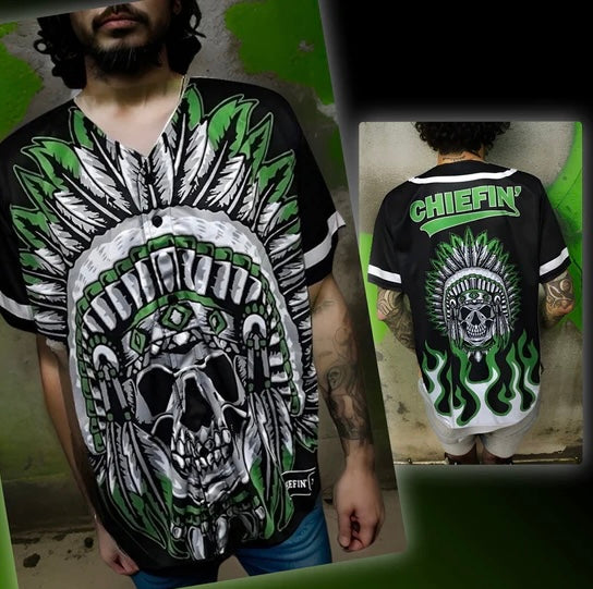 ^CHIEFIN’^ MEN’S BASEBALL JERSEYS (BLACK-GREEN)