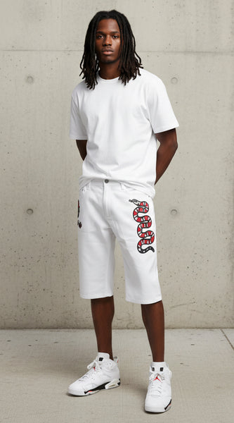 *MAXI MILIAN* (WHITE) ~SNAKES~ DENIM SHORTS (SLIM FIT) (EMBROIDERED)