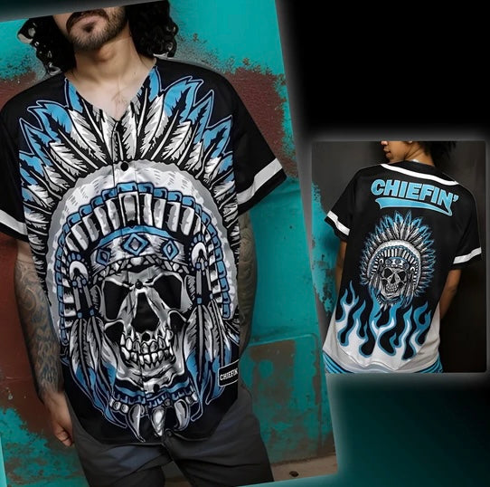 ^CHIEFIN’^ MEN’S BASEBALL JERSEYS (BLACK-TURQUOISE)