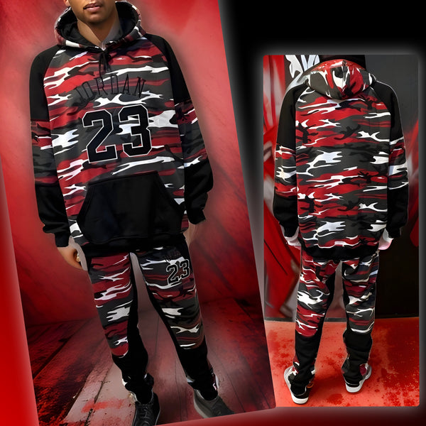 ^23 JORDAN^ (RED-CAMO) LUXURY HOODED SWEATSUITS (EMBROIDERED)
