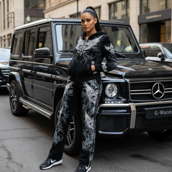 *BUS STOP* WOMEN'S VELOUR (BLACK) FULL OUTFITS (HOODED WITH ZIP)