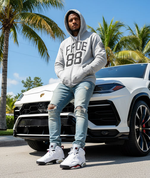 *FINALLY FAMOUS* BY ORO GOLD (GREY) ZIP UP HOODIE (EMBROIDERED)