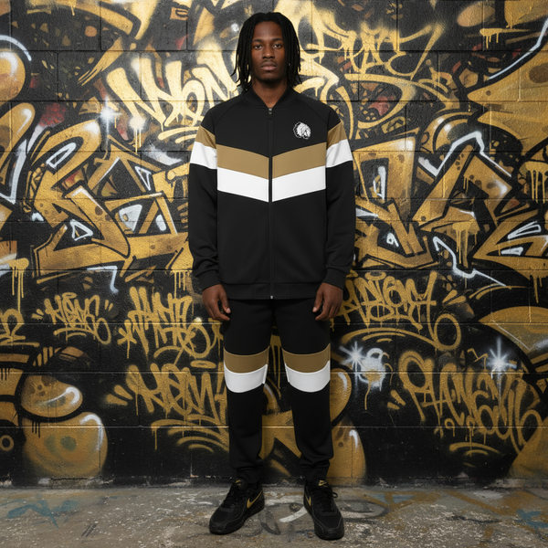 •HUSTLE GANG• (BLACK-MULTI) KNIT ZIP UP TRACKSUITS