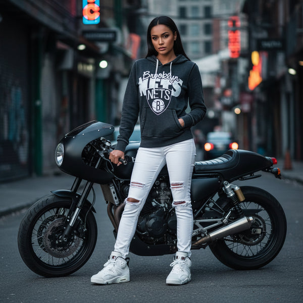 *BROOKLYN NETS* (GREY) PULLOVER HOODIE FOR WOMEN (DISTRESSED LOGO)