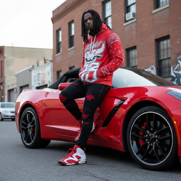 *FLIGHT 23* RED BANDANA / PAISLEY PULLOVER HOODIES (FLEECE LINED & BACK EMBROIDERY)