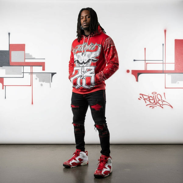 *FLIGHT 23* RED BANDANA / PAISLEY PULLOVER HOODIES (FLEECE LINED & BACK EMBROIDERY)