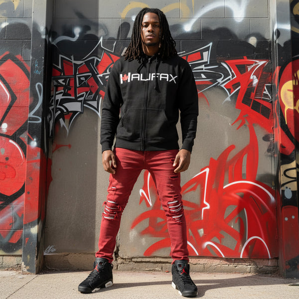 *DESIGN BY HUMANS* (BLACK) ZIP UP HOODIE (DISTRESSED LOGO STYLE)