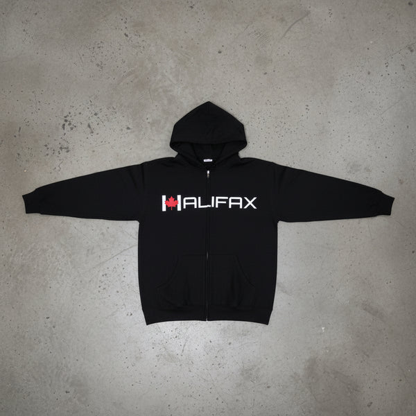 *DESIGN BY HUMANS* (BLACK) ZIP UP HOODIE (DISTRESSED LOGO STYLE)