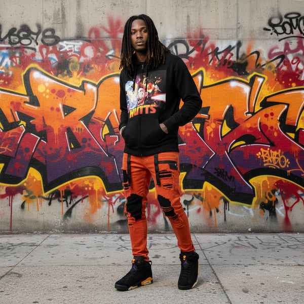 *DESIGN BY HUMANS* (BLACK) ZIP UP HOODIE (DISTRESSED LOGO STYLE)