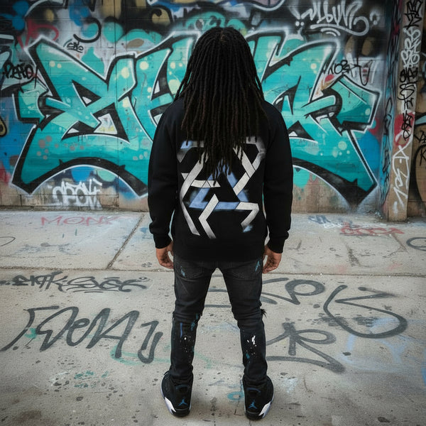 *DESIGN BY HUMANS* (BLACK) ZIP UP HOODIE (DISTRESSED LOGO STYLE)