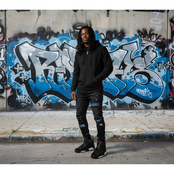 *DESIGN BY HUMANS* (BLACK) ZIP UP HOODIE (DISTRESSED LOGO STYLE)