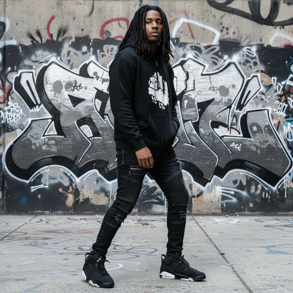 *DESIGN BY HUMANS* (BLACK) ZIP UP HOODIE (DISTRESSED LOGO STYLE)