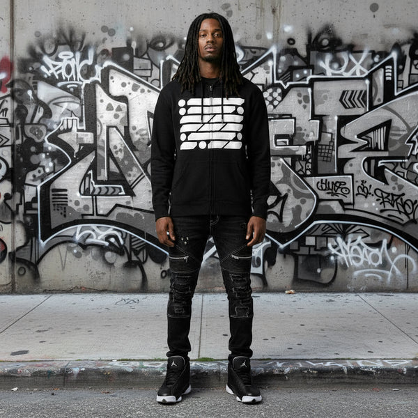 *DESIGN BY HUMANS* (BLACK) ZIP UP HOODIES (DISTRESSED LOGO STYLE)