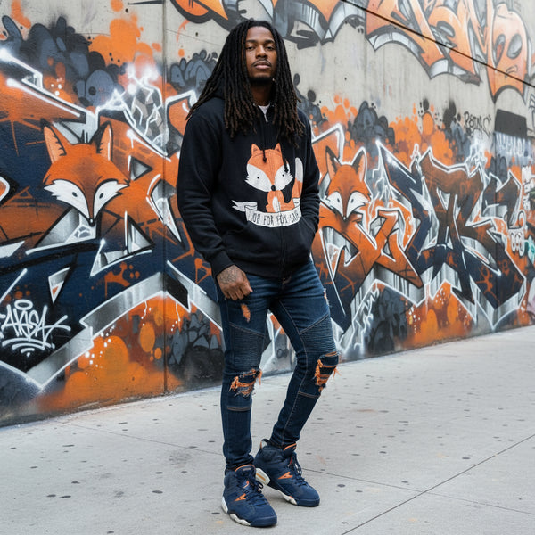 *DESIGN BY HUMANS* (DARK NAVY) ZIP UP HOODIE (DISTRESSED LOGO STYLE)