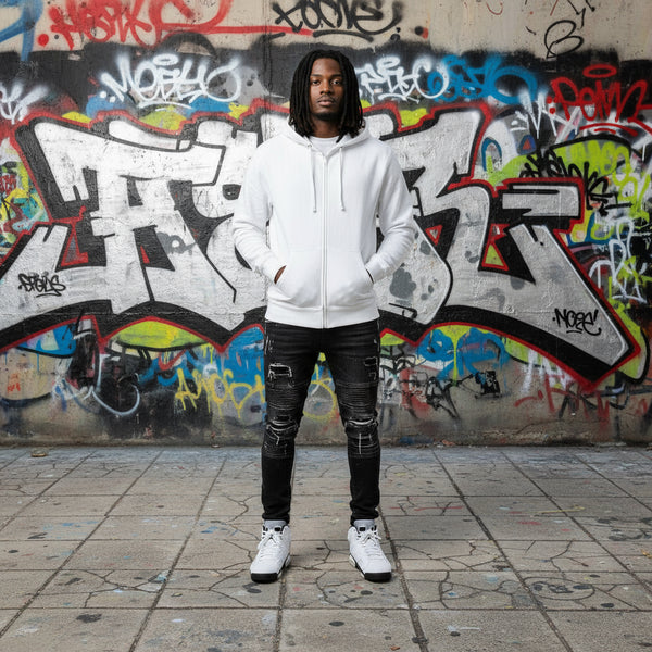 *DESIGN BY HUMANS* (WHITE) ZIP UP HOODIE (DISTRESSED LOGO STYLE)