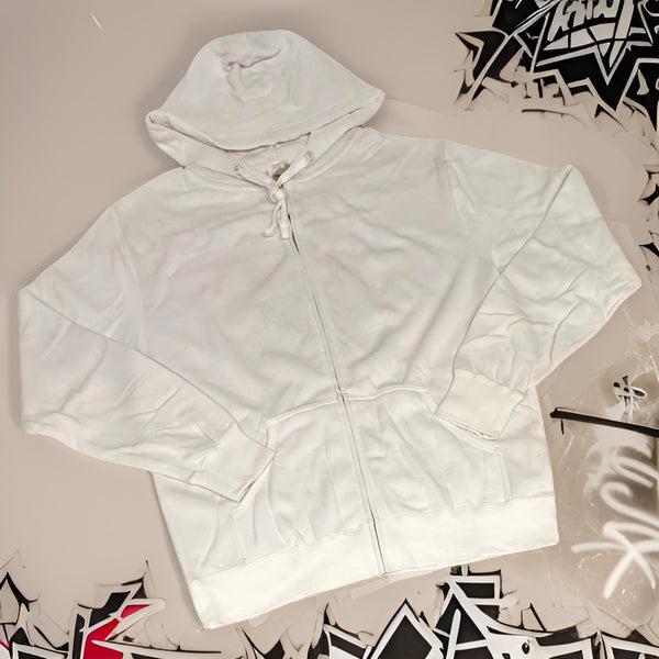 *DESIGN BY HUMANS* (WHITE) ZIP UP HOODIE (DISTRESSED LOGO STYLE)