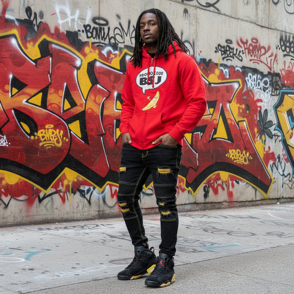*DESIGN BY HUMANS* (RED) ZIP UP HOODIE (DISTRESSED LOGO STYLE)