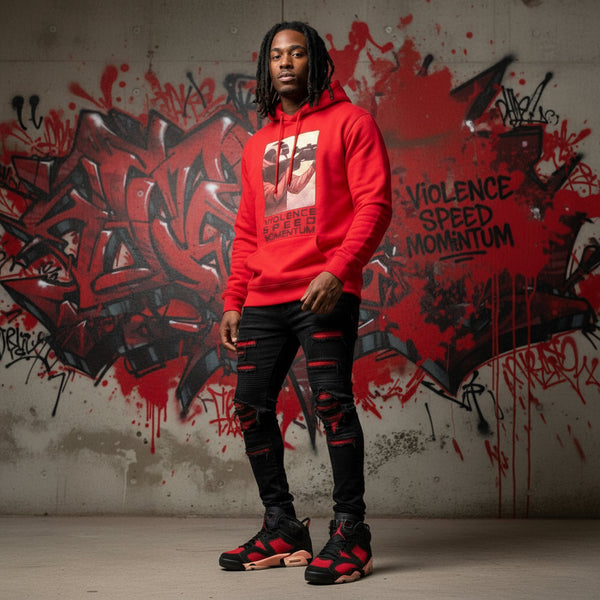 *DESIGN BY HUMANS* (RED) PULLOVER HOODIE (DISTRESSED LOGO STYLE)