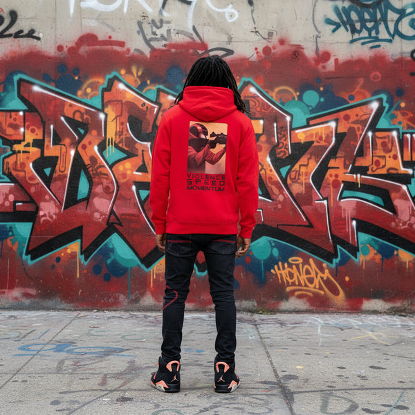 *DESIGN BY HUMANS* (RED) PULLOVER HOODIE (DISTRESSED LOGO STYLE)
