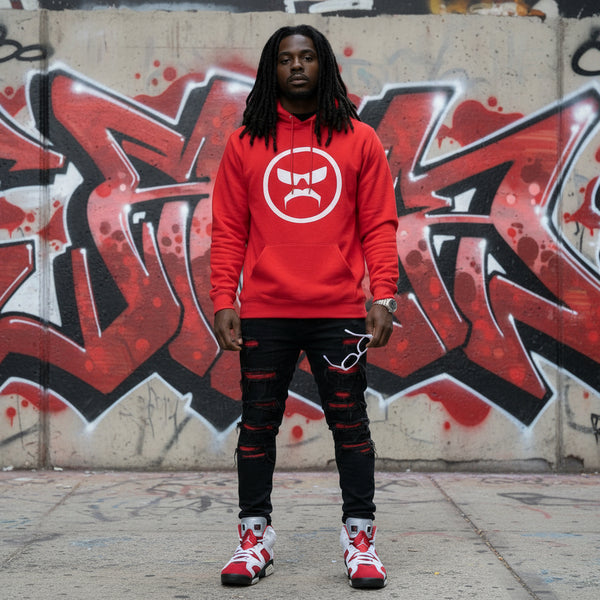 *DESIGN BY HUMANS* (RED) PULLOVER HOODIE (DISTRESSED LOGO STYLE)