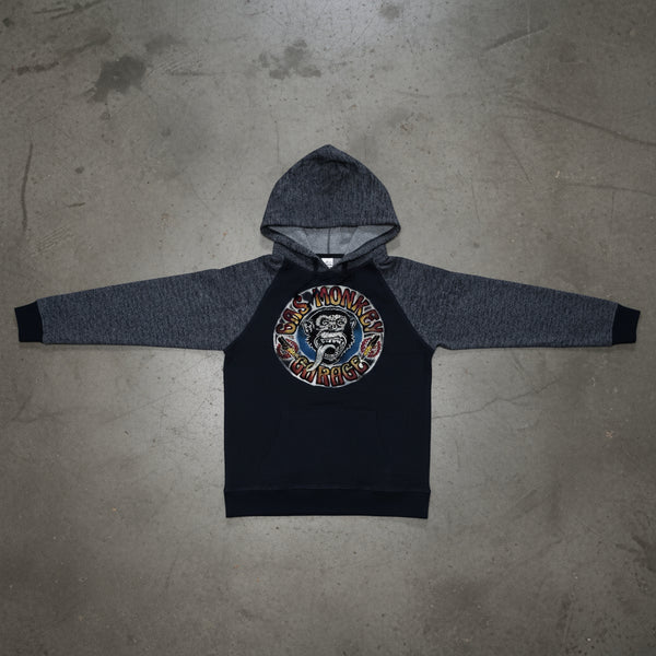 *DESIGN BY HUMANS* (NAVY-MULTI) PULLOVER HOODIE (DISTRESSED LOGO STYLE)