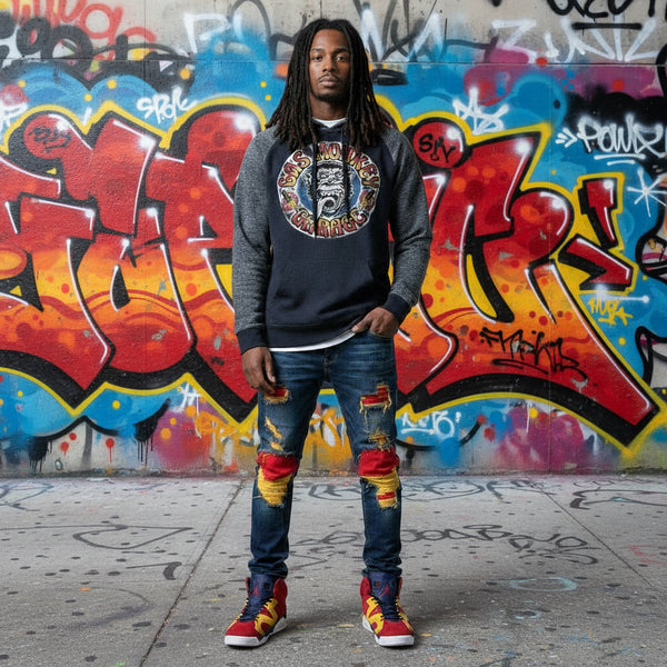 *DESIGN BY HUMANS* (NAVY-MULTI) PULLOVER HOODIE (DISTRESSED LOGO STYLE)