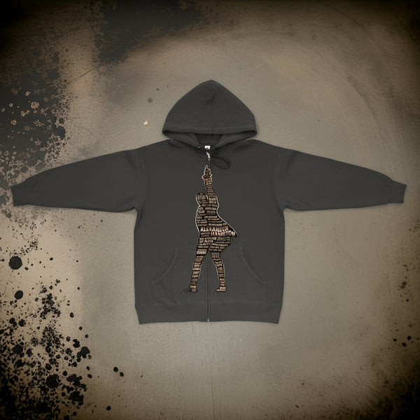 *DESIGN BY HUMANS* (GREY) ZIP UP HOODIE (DISTRESSED LOGO STYLE)