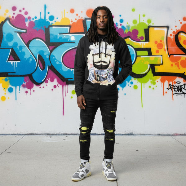 *DESIGN BY HUMANS* (GREY) ZIP UP HOODIE (DISTRESSED LOGO STYLE)