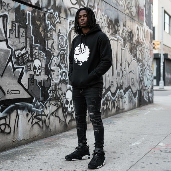 *DESIGN BY HUMANS* (BLACK) PULLOVER HOODIE (DISTRESSED LOGO STYLE)