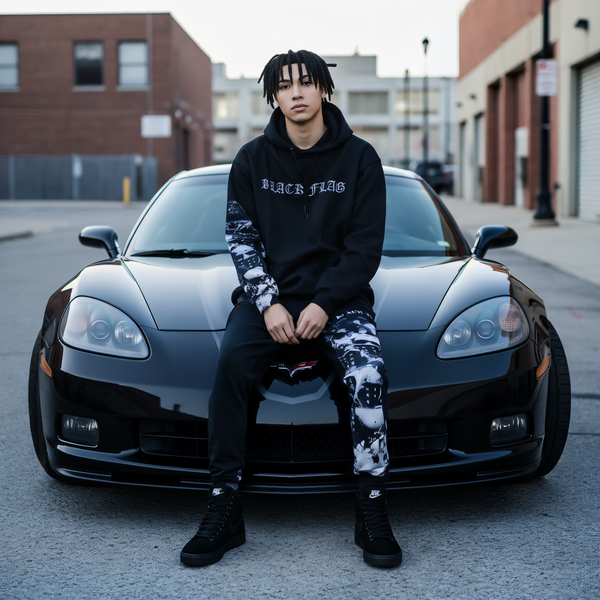 ^BLACK FLAG^ (BLACK) ~CREW POSSE~ EMBROIDERED HOODED JOGGER SWEATSUITS(CUT & SEW)