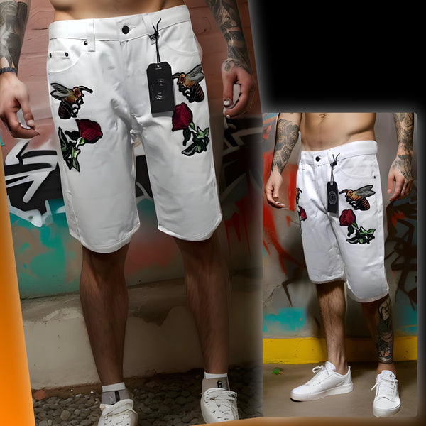 ^MAXI MILIAN^ (WHITE) ~BEES & ROSES~ DENIM SHORTS (SLIM FIT) (EMBROIDERED)