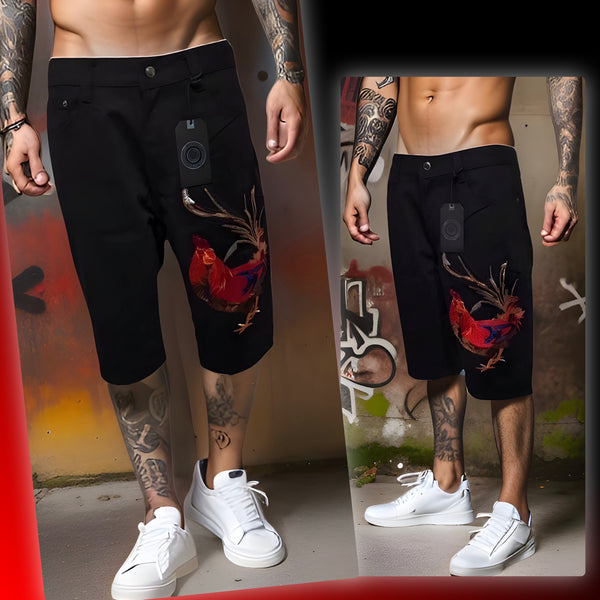 ^MAXI MILIAN^ (BLACK) ~ROOSTER~ DENIM SHORTS (SLIM FIT) (EMBROIDERED)