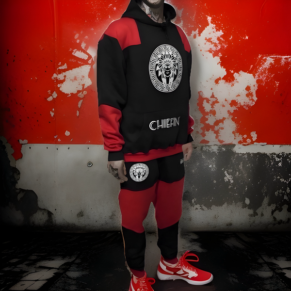 ^CHIEFIN’^ (BLACK-RED) JOGGER SWEATSUITS (CUT & SEW) (TWO TONE)