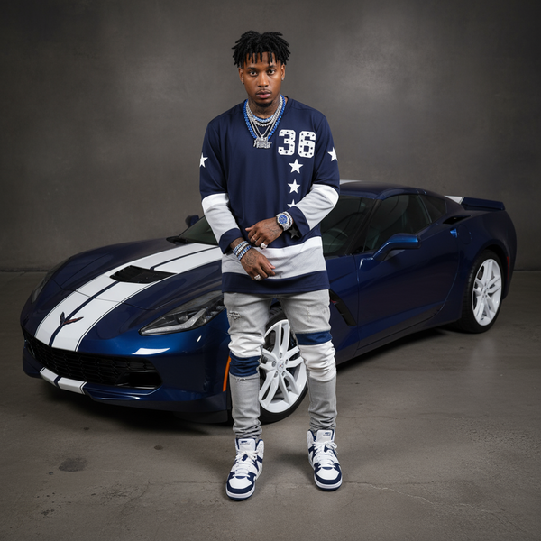 *GORGEOUS GANGSTER* NAVY-MULTI) LONG SLEEVE JERSEY STYLE TEE